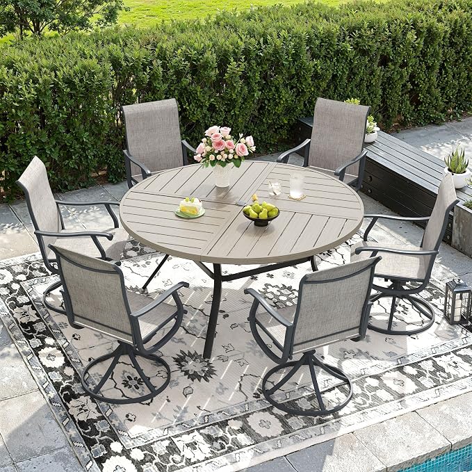 DIFY Patio Table and Chairs Set for 6, 7 Piece Outdoor Dining Set, 50" Grey Wood-Like Round Metal Dining Table with Umbrella Hole and 6 Grey Textilene Swivel Patio Chairs, for Garden Backyard Deck