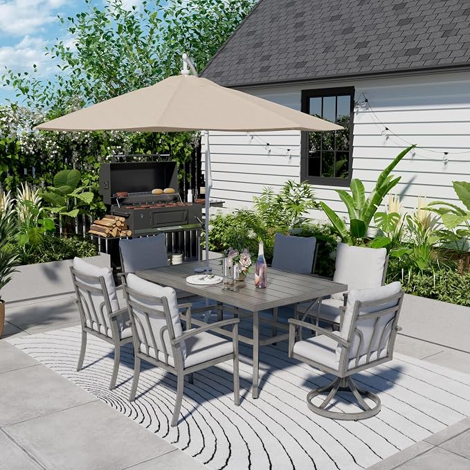 HAPPATIO 7-Piece Outdoor Dining Set - All Aluminum Patio Dining Set for 6 Includes 1 Rectangular Table, 4 Dining Chairs, and 2 Swivel Chairs with Cushions for Lawn, Garden