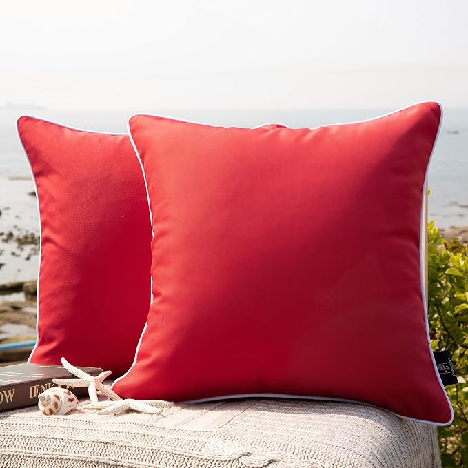 Phantoscope Pack of 2 Outdoor Waterproof Solid Throw Decorative Pillow Cover Decorative Square Outdoor Pillows Cushion Case Patio Pillows for Couch Tent (18''x18'',Red)