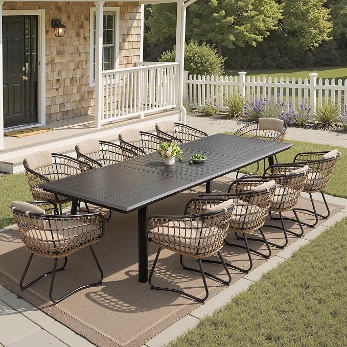 Pellebant 11-piece Outdoor Dining Set for 10 Person - Weather-Resistant Patio Dining Furniture, 116" Aluminum Outdoor Table with Umbrella Hole, Wicker Chair with Cushion for Deck, Porch, Backyard