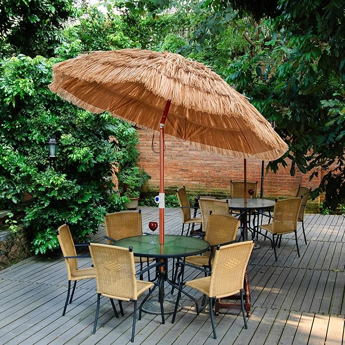 Tangkula 6FT Tiki Patio Umbrella, Hawaiian Style Thatched Market Table Umbrella with Carrying Bag, Tilt Design, 8 Ribs, Tropical Outdoor Umbrella for Beach Patio Garden Pool Backyard (1, Natural, 6 Ft)