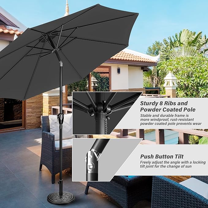YSSOA 9' Patio Umbrella Outdoor Table Market Yard Umbrella with 8 Sturdy Ribs, Grey