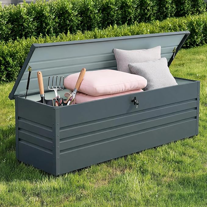 260 Gallon Outdoor Deck Box, Weather Resistant Metal Storage Container with Lockable Lid, Multi-Purpose Patio Storage Bench for Cushions, Garden Tools and Pool Supplies, Carbon Black