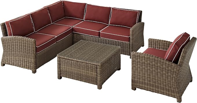 Crosley Furniture Bradenton 5-Piece Outdoor Sectional Sofa Wicker Conversation Patio Furniture Set for Deck, Brown with Sangria Cushions