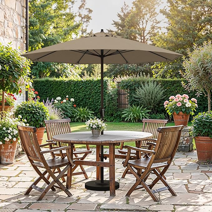 California Umbrella 12-Year Protection 7.5-Ft Outdoor Patio Umbrella, Sunbrella Fade-Resistant Fabric, Auto-Tilt, Heavy Duty Aluminum Frame, 8 Reinforced Ribs for Pool or Deck, Bronze Pole, Heather Beige