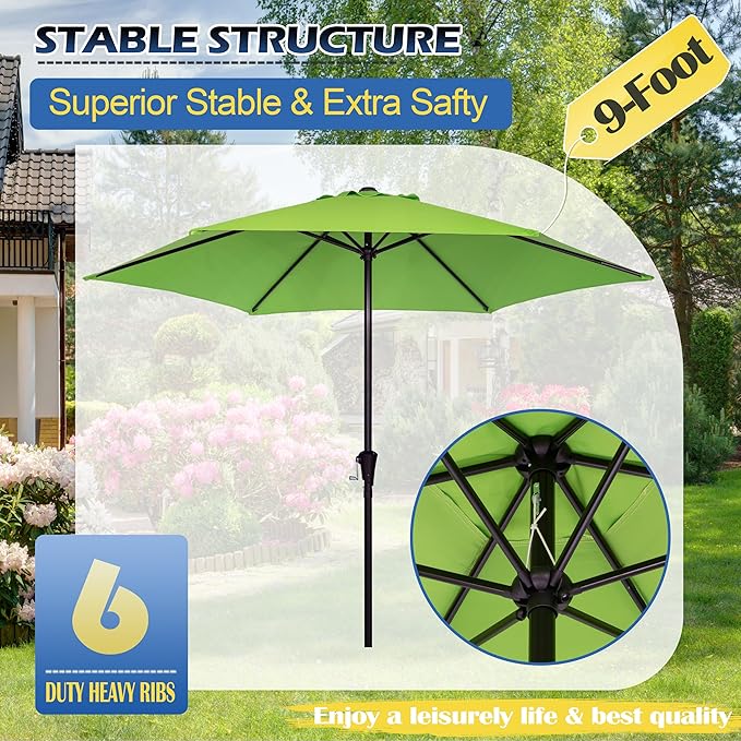 Sunnyglade 9FT Outdoor Patio Umbrella, Market & Table Umbrella with 6 Sturdy Ribs and Crank System, Fade-resistant & Waterproof for Garden Backyard Poolside Deck