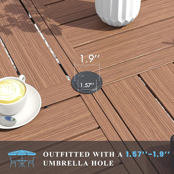 VICLLAX 63" Round Patio Table with Umbrella Hole, All Weather Metal Outdoor Dining Table for 8-10, Outside Table for Lawn Garden, Walnut Wood-Grain Finish