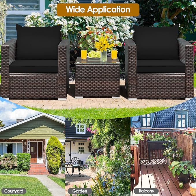 COSTWAY 3-Piece Patio Furniture Set, Outdoor Wicker Rattan Sofa with Cushions and Coffee Table with Tempered Glass, Modern Conversation Chair Set for Poolside Backyard Balcony Lawn (Black)