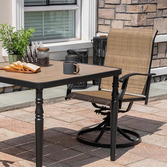 NUU GARDEN 5-Patio Piece Outdoor Dining Set,4 Textilene Swivel Chairs & 37" Square Table with Umbrella Hole and Faux Wood Tabletop, Outdoor Furniture for Porch Backyard Garden Poolside Black Brown