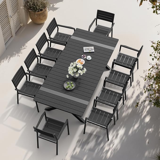 Pellebant 11 Piece Patio Table and Chairs Set for 10, Aluminum Outdoor Dining Set with Umbrella Hole, Stackable Dining Chairs & 94" Dining Table, Black