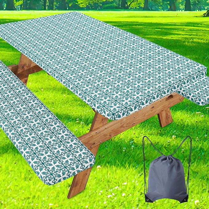 misaya Picnic Table Cover with Bench Cover, Waterproof Elastic Fitted Tablecloth for 6 Foot Tables, Rectangle Washable Polyester Tablecloths for Picnic, Camping, Outdoor (Turquoise, 30" x 72")