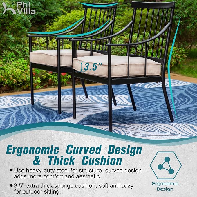 PHI VILLA 7 Piece Patio Dining Set, Rectangular Metal Table | Metal chairs, Fixed Chair, Umbrella Hole, adjustable, Cushions, powder-coated, 300 lb chair capacity