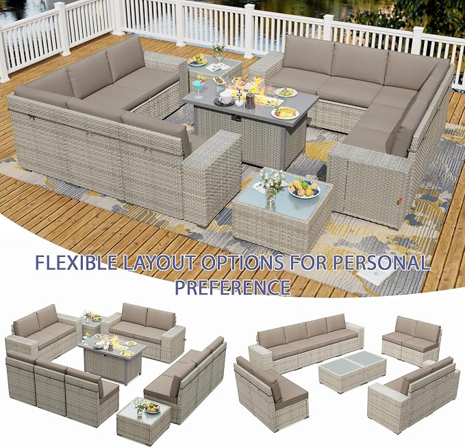 13 Piece Patio Furniture Set with 50,000 BTU Rattan Fire Pit Table that Converts to Coffee Table, 9.8" Wide Arm Sectional Sofa with Storage Armrests, Outdoor Rattan Conversation Set, Khaki