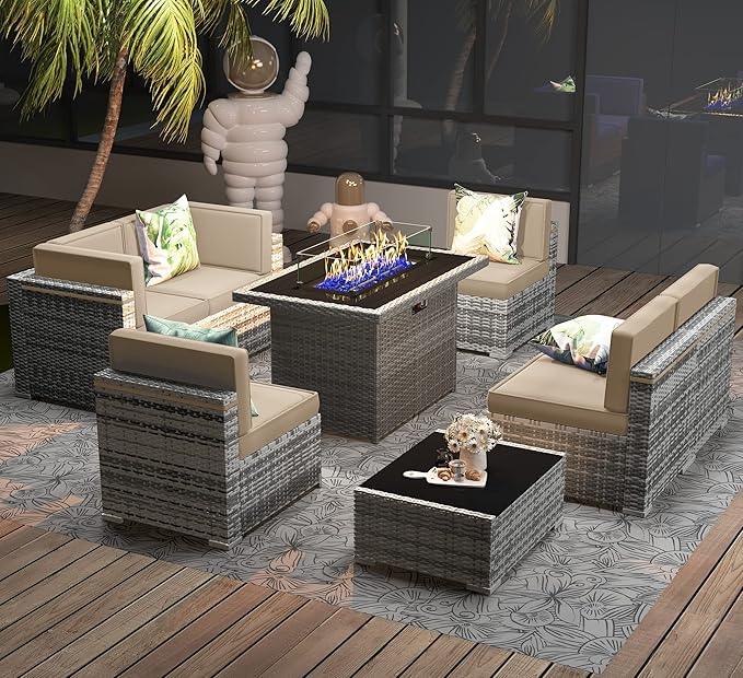 8 Pieces Patio Furniture Set with 44" Propane Gas Fire Pit Table, Outdoor Sectional Wicker Conversation Sofa Sets with Coffee Table