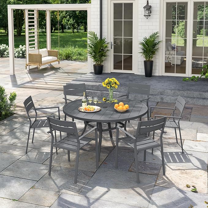 VICLLAX Patio 7 Pieces Outdoor Dining Set, Wrought Iron Metal Outdoor Table and Chairs Set, 47" Round Table with Umbrella Hole and 6 Stackable Chairs for Lawn, Garden, Porch, Dark Grey/Grey