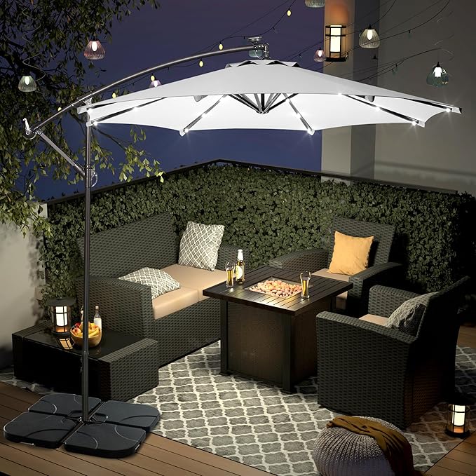 WO Home Furniture Patio LED Umbrella Set of 3 PCS 10ft Cantilever, Stand Kit, & 4 PCS Base Weights (White)