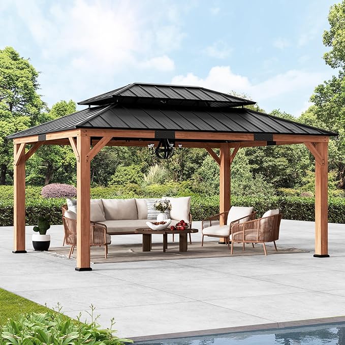 Modern Shade Rosewood Wood Gazebo 12' x 16', Hardtop Gazebo Permanent with Double Galvanized Steel Roof, Cedar Outdoor Gazebo with Sturdy Hooks for Garden, Backyard, Patio, and Deck