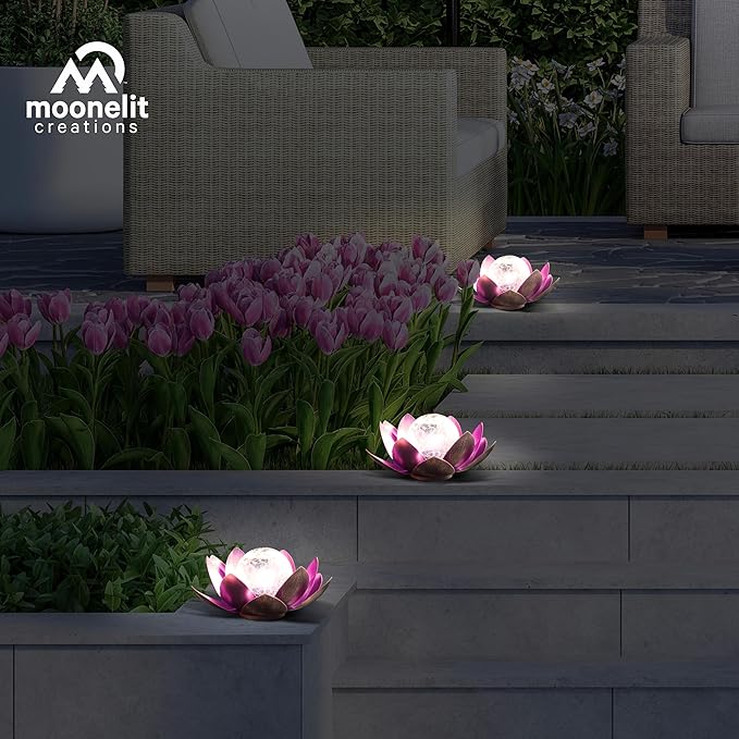 MCSLOTUS-V Violet Lotus Flower Solar LED Garden Light with Crackled Glass Globe – Waterproof Metal Outdoor Décor