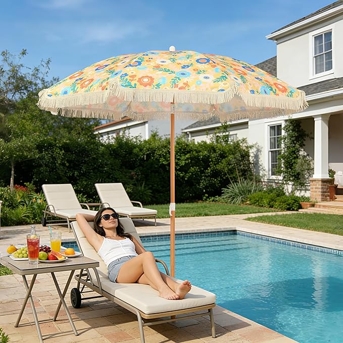Seazul 5.2ft Patio Umbrella with Fringe, Beach Umbrella, Fringe Umbrella Outdoor Patio, Tilting Steel Pole, UV 50+, Fiberglass Ribs, Floral