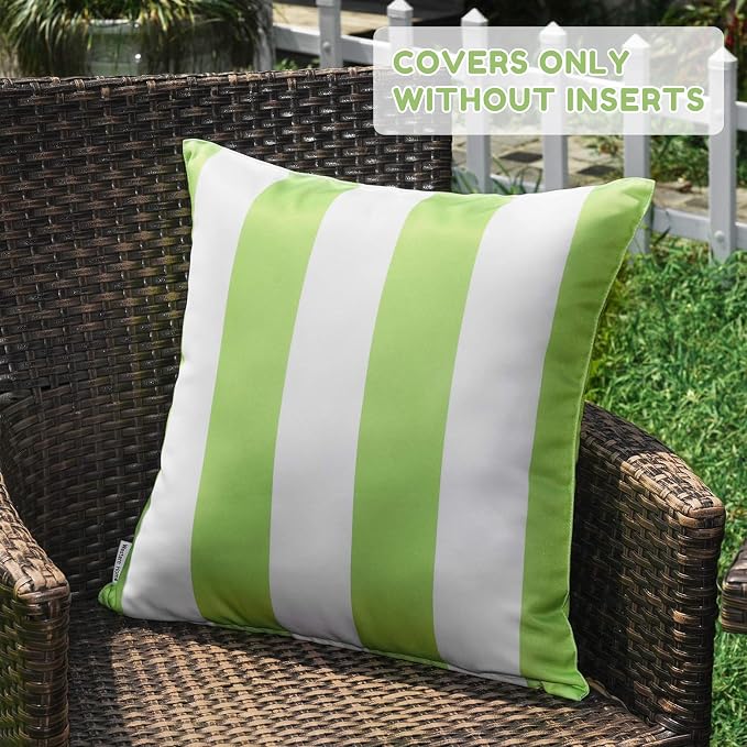 Pack of 2 Decorative Outdoor Waterproof Striped Throw Pillow Covers 20x20 | Green, Solid, Polyester Linen Garden Farmhouse Cushion Cases for Couch Sofa Patio Tent Balcony