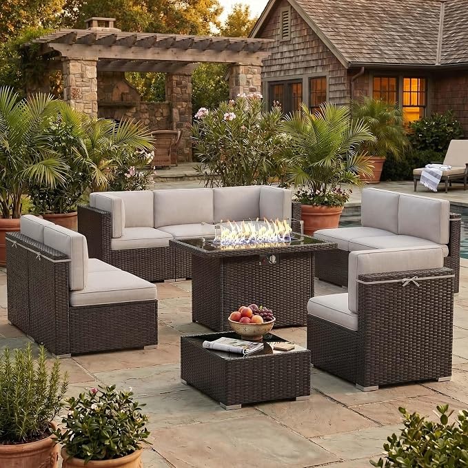 10 Pieces Patio Furniture Set with 44" Propane Gas Fire Pit Table, Outdoor Sectional Brown Rattan Wicker Conversation Sofa Sets with Coffee Table