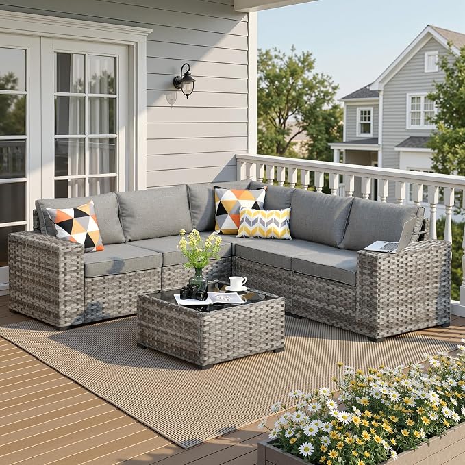 6 Pieces Patio Furniture Set, Outdoor Wicker Sectional Sofa with 7.7" Extra Wide Armrests, Modern Rattan Modular Conversation Set with Thickened Deep Seat Cushions for Garden, Backyard, Dark Gray