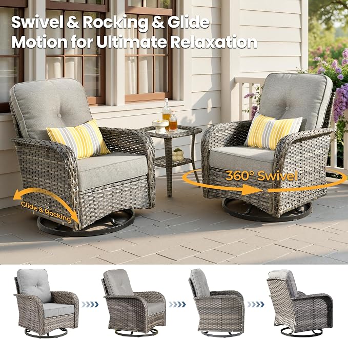 7 Piece Wicker Patio Furniture Set with Swivel Chairs, Dark Gray | High Back Rocking Chair Sofa, Heavy Duty All Weather Rattan Outdoor Conversation Set, Thick Cushion, Balcony Porch Backyard