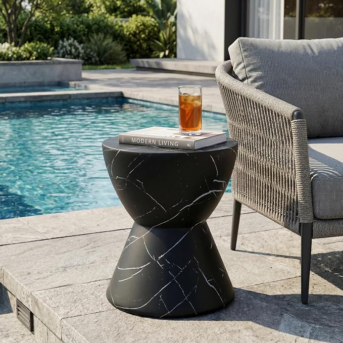 Outdoor Side Table Faux Marble End Table Faux Stone Side Tables Travertine Small Coffee Tables for Indoor Outdoor, Garden Stool Plant Stand for Porch, Backyard Patio, 15"*19" Black
