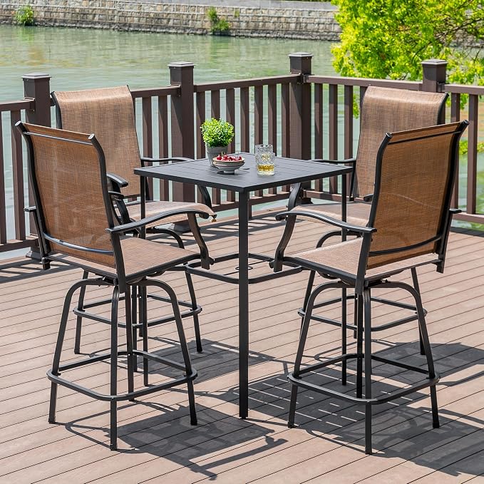 NUU GARDEN 5 Piece Outdoor Swivel Bar Set, All Weather Patio High Bar Stool Bistro Set with Textilene Height Back Bar Chairs and Slatted Metal Bar Table with Umbrella Hole, Black and Brown
