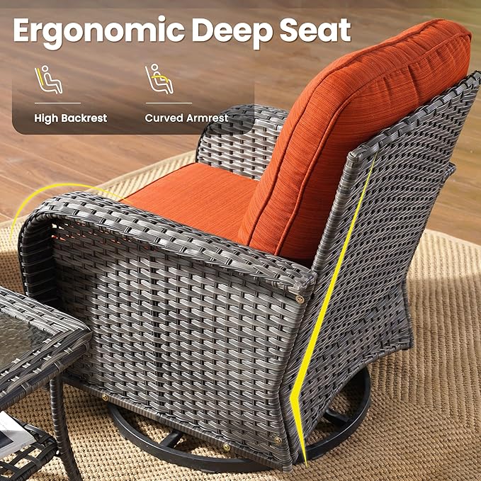 ovios 3-Piece Patio Furniture Set, Outdoor Wicker Sofa with Swivel Chairs, High Back Rattan Gliders Rocker with Comfy Cushions for Porch Yard Deck, Orange Red