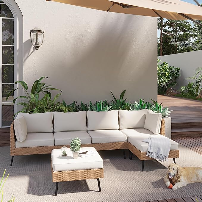 LAUSAINT HOME 6-Piece Patio Conversation Set, Modular Outdoor Sofa with Thick Cushions, All-Weather PE Rattan Sectional Seating for Garden, Backyard & Deck, Beige