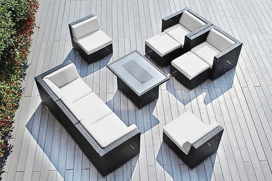 Sunbrella White Fully Assembled 10 Piece Ohana Outdoor Patio Furniture Black Wicker Conversation Set with Club Chair and 42-inch Propane Gas Fire Table