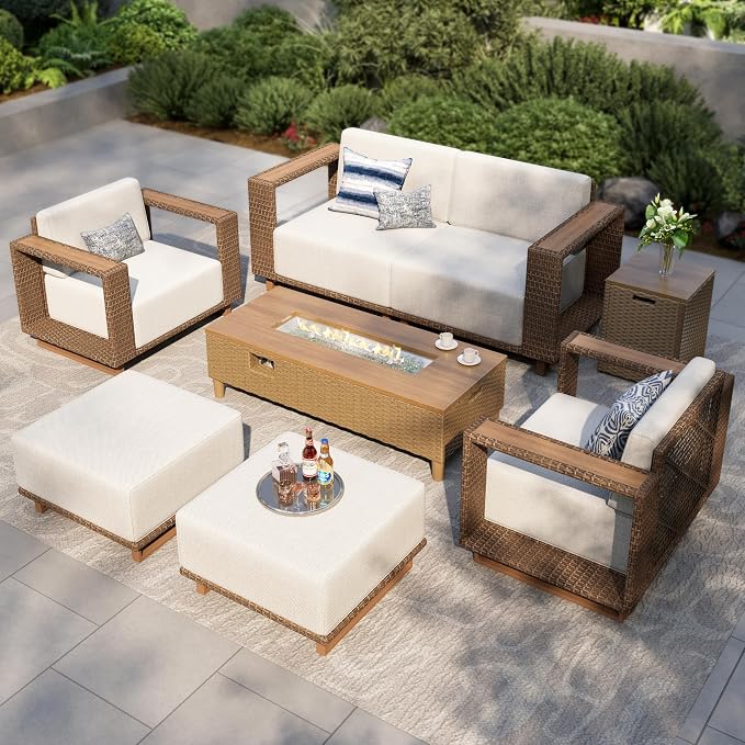MIXPATIO Patio Furniture Set with Fire Pit Table, 7 Pieces Outdoor Yellow Rattan Wicker Conversation Sets, Deep Seating Sofa with 10" Thick Cushions, Low Profile Deck Lawn Furniture