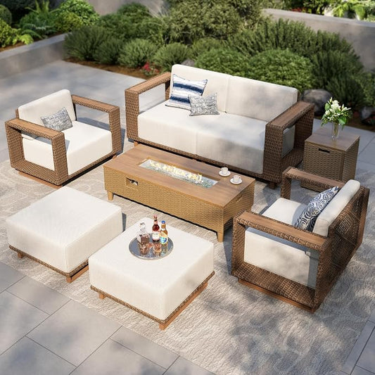 MIXPATIO Patio Furniture Set with Fire Pit Table, 7 Pieces Outdoor Yellow Rattan Wicker Conversation Sets, Deep Seating Sofa with 10" Thick Cushions, Low Profile Deck Lawn Furniture