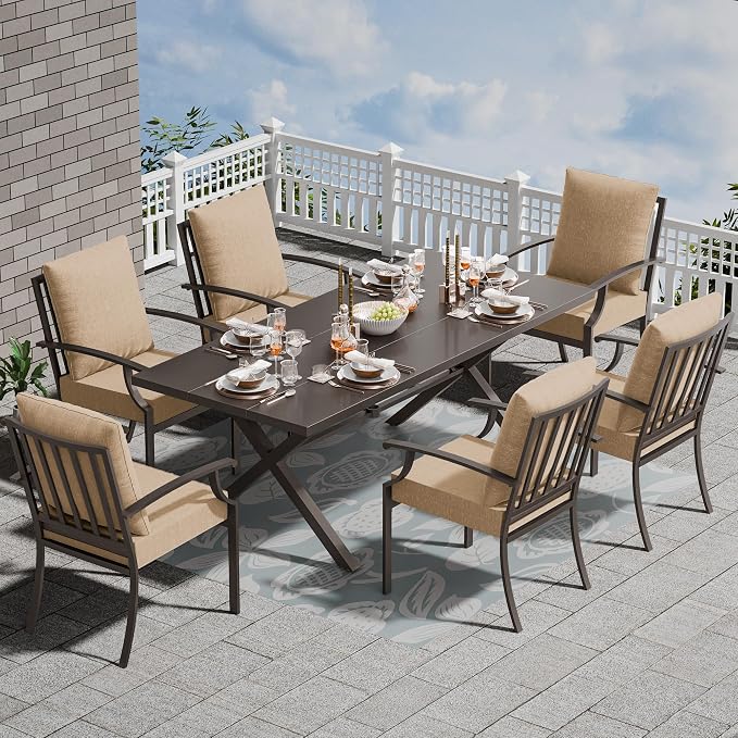 7 Piece Outdoor Dining Set for 6, Metal Patio Table and Chairs with Cushions, Patio Furniture Set with 6 Stackable Chairs, Rectangular Patio Dining Table with Umbrella Hole, Lawn Deck, Yard-Sand