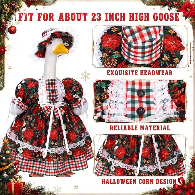 Suzile Christmas Tree Porch Goose Outfit Clothes for 23" High Cement or Plastic Goose Costume for Yard Lawn Outdoor Garden Patio Geese Statue Dresses Winter Xmas Santa Holiday Decor