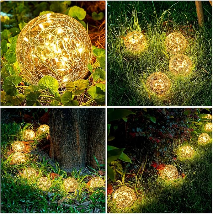 Honoson 3.9 Inch Solar Globe Lights Outdoor - Waterproof Cracked Glass Balls for Lawn Patio Yard Backyard Decorations, Warm White Solar LED Lights with Easy Installation,Durable Design (8 Pcs)