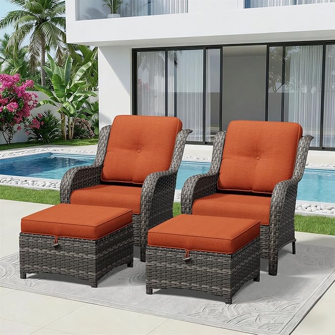 4 Piece Outdoor Wicker Patio Furniture Set, Patio Chairs Set with Thickened Olefin Cushions, High Back and Deep Seating, Hand-Woven PE Rattan, Ottoman for Porch, Deck, Orange