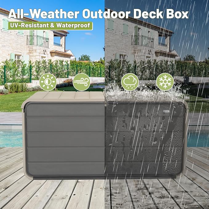 260-Gallon Heavy-Duty Plastic Deck Box with Lock, Wheels & Waterproof Lid – UV-Resistant Outdoor Storage for Cushions, Tools, Pool Supplies (Effortless Opening, Portable, Multi-Use Bench/Table)