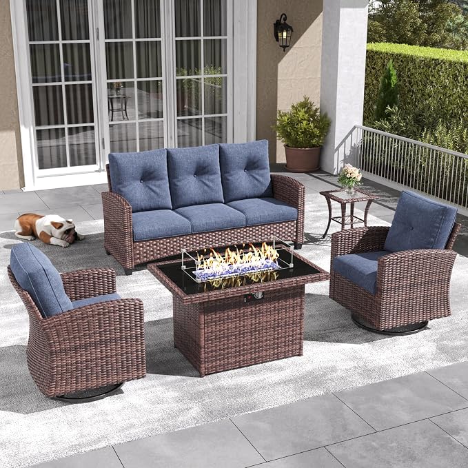 LayinSun 5 Pieces Patio Furniture Set with Swivel Chairs, Rattan Wicker Rocking Glide Chairs with 44" Propane Gas Fire Pit Table Conversation Set