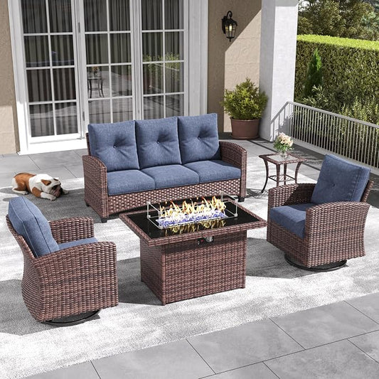 LayinSun 5 Pieces Patio Furniture Set with Swivel Chairs, Rattan Wicker Rocking Glide Chairs with 44" Propane Gas Fire Pit Table Conversation Set