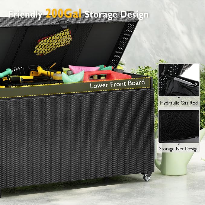 200 Gallon Wicker Deck Box with Wheels, All-Weather Outdoor Storage Box, Rattan Storage Bin for Patio Furniture, Outdoor Cushions, Pool Storage and Garden Tools - Black