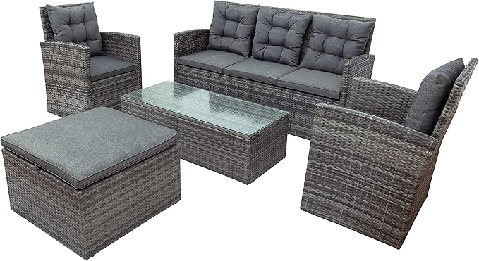 LUMISOL 5 Pieces Patio Furniture Set, PE Rattan Sectional Conversation Sofa, Outdoor Wicker Conversation Set with Tempered Glass Table & Storage Bench for Patio, Balcony, Backyard, Gray