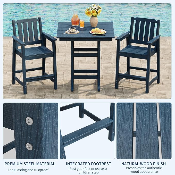 GAOMON Square Outdoor Bar Height Table, Patio Tall Side Bistro Table with Umbrella Hole, Weather Resistant High Top Dining Table for Backyard, Garden, Deck, Porch, Navy Blue