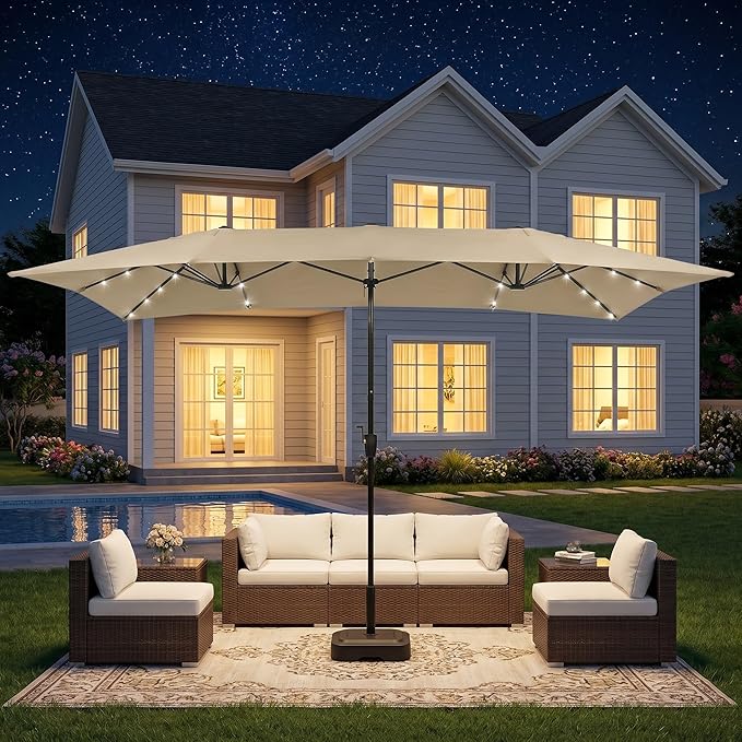 15×15ft Outdoor Patio Umbrella, Double Sided Market Rectangle Umbrella with Crank Handle, Large Sun Shade for Outside Deck, Backyard, Garden