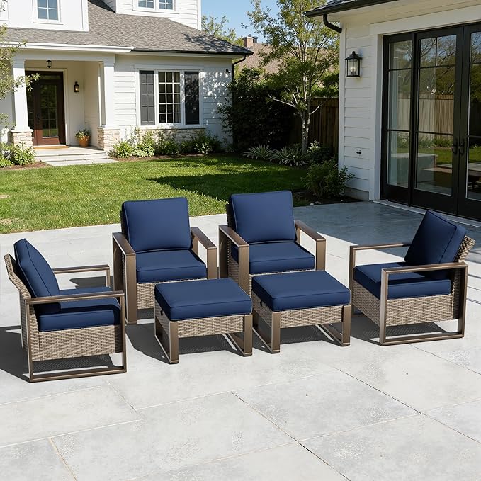 6 Pieces Metal Wicker Patio Furniture Set - Four Armchairs and Two Ottomans, All Weather Rattan Outdoor Conversation Furniture with Washable Cushion for Deck Porch, Dark Blue