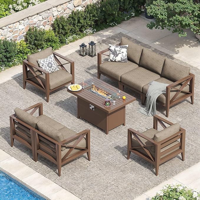 8-Piece Oversized Aluminum Patio Furniture Set with Fire Pit Table, Coffee Table & Weather-Resistant Outdoor Sofa — Luxe Outdoor Conversation Set for Deck, Garden, Poolside-Brown