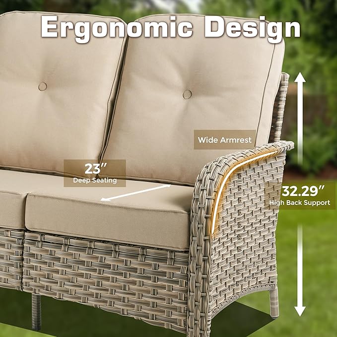 4-Piece Outdoor Patio Furniture Set,All Weather Wicker Rattan Patio Seating Sofa and Chair Set with Glowing Coffee Table,Outdoor Conversation Sets with 3 Seater Couch for Porch Deck Yard,Beige