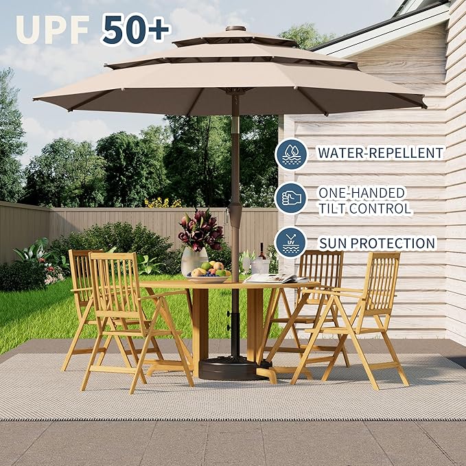 9FT 3 Tiers Patio Umbrella With Auto Tilt And Crank, Outdoor Table Market Umbrella with 8 Sturdy Ribs for Garden, Lawn, Deck, Backyard and Pool