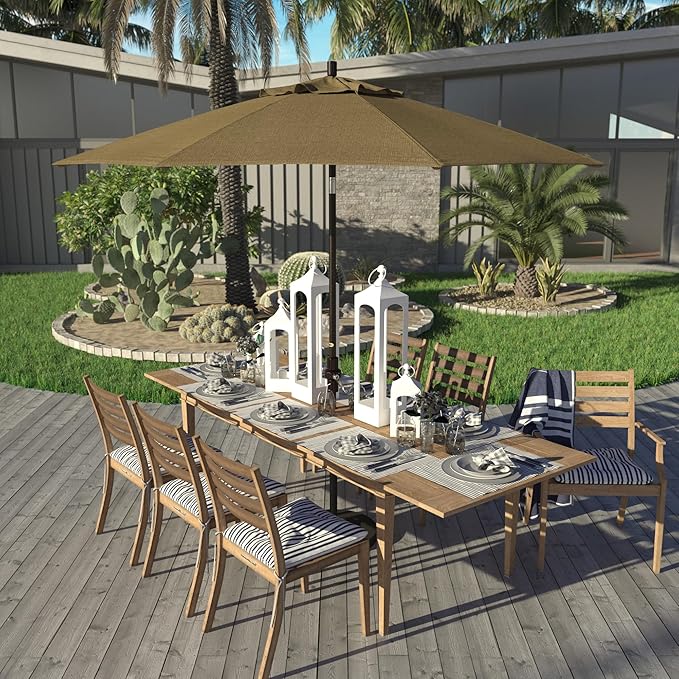 California Umbrella 9' Round Aluminum Market Umbrella, Crank Lift, Collar Tilt, Bronze Pole, Sunbrella Spectrum Cilantro